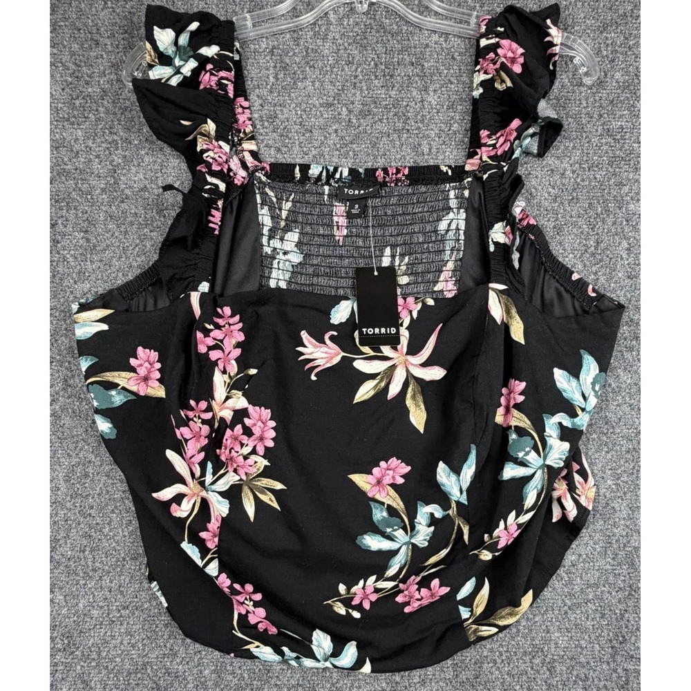 Torrid 3X Black Challis Smocked Ruffle Trim Crop Top Coquette Cottage NEW